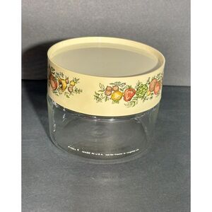 Vintage Pyrex Old Orchard Glass Storage Jar 4" Fruit Veggie Lid Made in USA